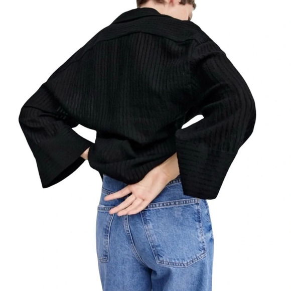 ZARA Knotted V Neck Collard Button Front Wide Sleeve Draped Textured Blouse - Picture 10 of 12